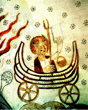 Moses with Rams Horns in the Ark of the Covenant Chariot Wheels